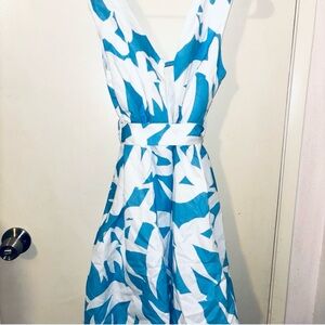 Cute Womanβs Blue and White Summer Dress , Belted Bow, Bubble Hem, Open Back